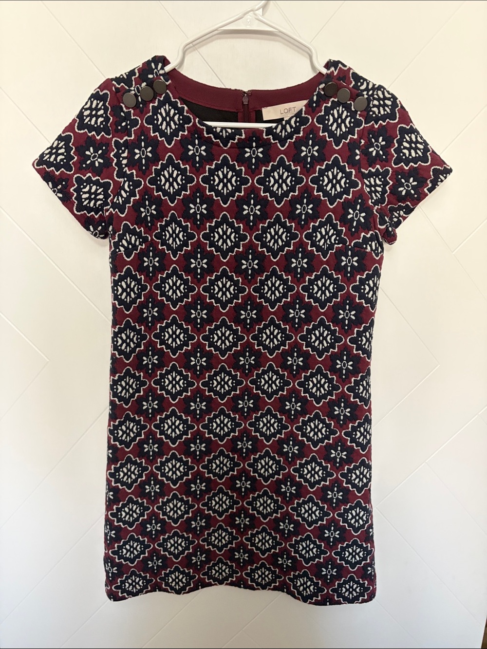 LOFT Burgundy and Navy Patterned Short Sleeve Mini Dress